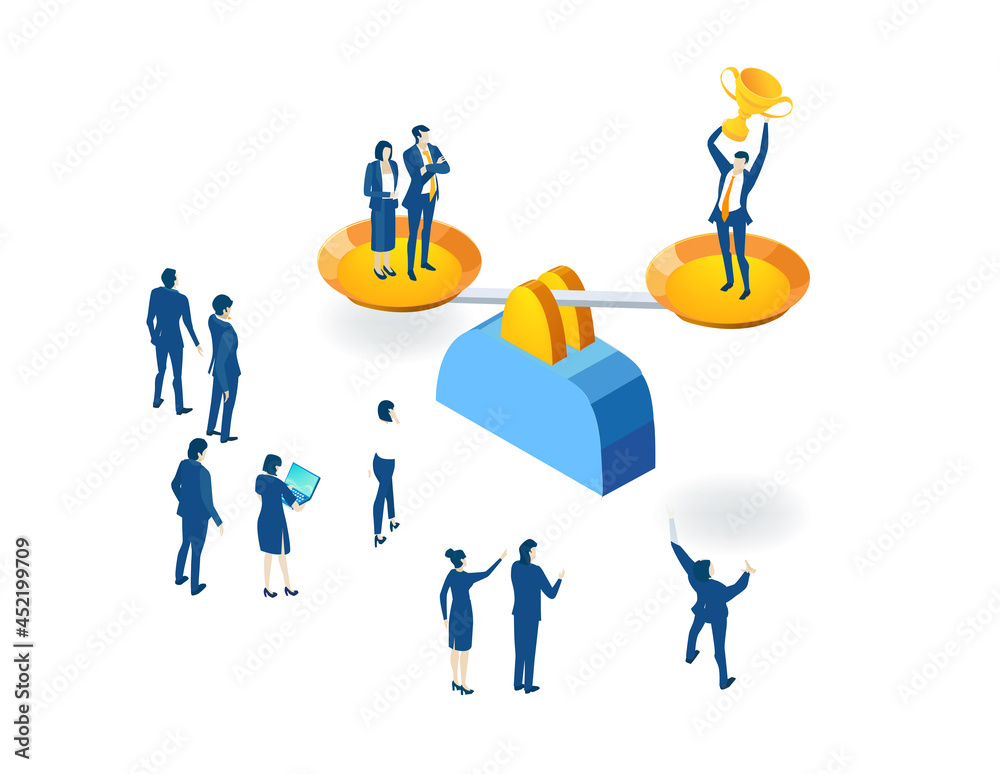 Isometric environment design with business people and scale. Winner, competition, constant improvement. Solving problems, improving working progress, working together business concept illustration Isometric environment design with business people and scale. Winner, competition, constant improvement. Solving problems, improving working progress, working together business concept illustration