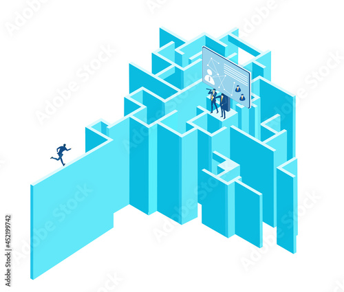 Isometric environment design with  business people working in labyrinth. Solving problems  improving working progress  working together business concept illustration