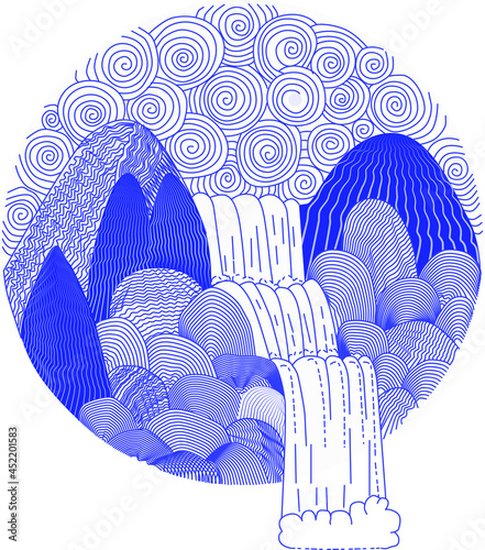 Waterfall landscape drawn in a circle. Landscape drawn by lines and contours. Natural waterfall with mountain stones.