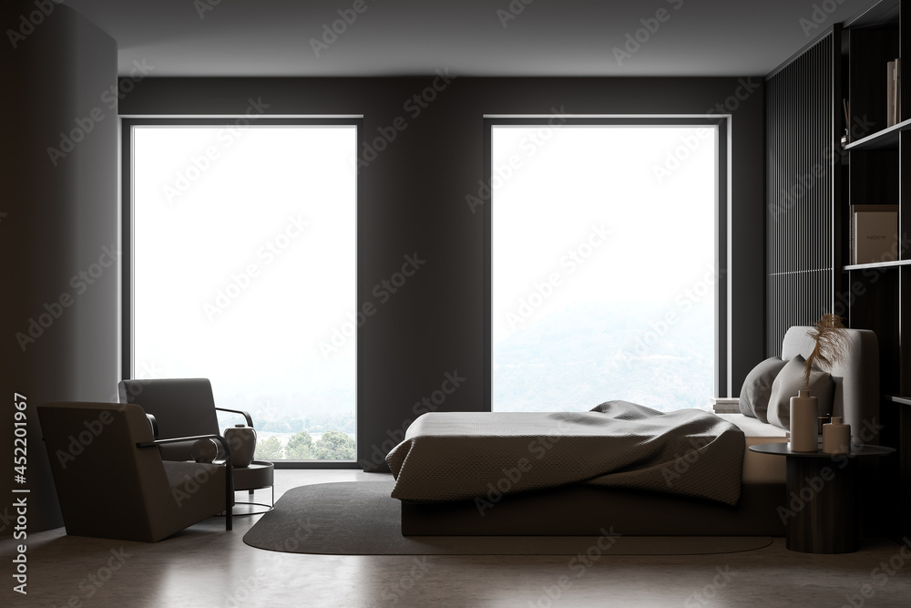 Fototapeta premium Bright bedroom interior with large bed, panoramic window and armchairs