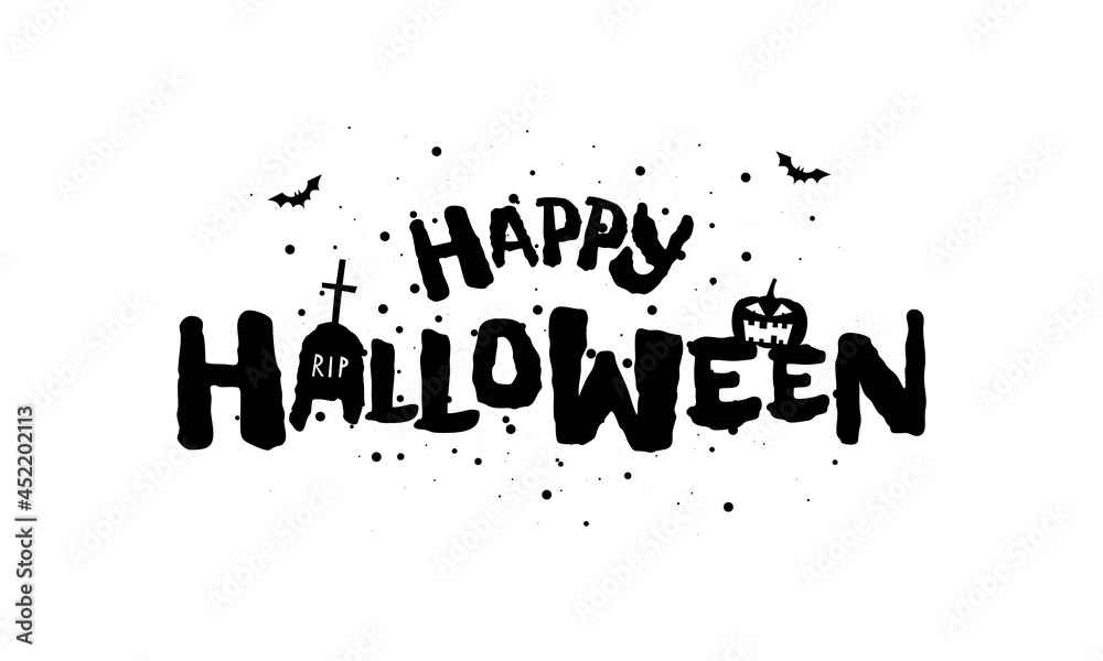 Fototapeta premium Happy Halloween holiday hand drawn lettering design. Traditional festival inscription with spooky Jack O Lantern pumpkin in cemetery. Vector greeting card or invitation black cover template