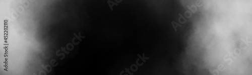 White smoke clouds on black background. Abstract banner