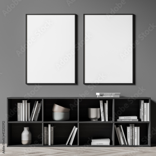 Ddark living room interior with two white empty posters photo