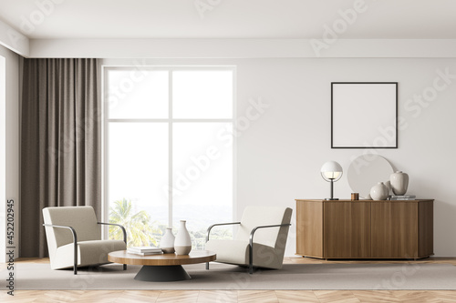 Living room interior with white empty poster  two armchairs