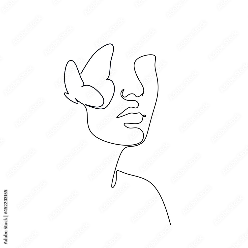 Abstract face with butterfly by one line drawing. Portrait minimalistic style. Botanical print. Nature symbol of cosmetics. Modern continuous line art. Fashion print. Beaty salon art Abstract face with butterfly by one line drawing. Portrait minimalistic style. Botanical print. Nature symbol of cosmetics. Modern continuous line art. Fashion print. Beaty salon art