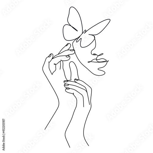 Abstract face with butterfly by one line drawing. Portrait minimalistic style.  Botanical print. Nature symbol of cosmetics. Modern continuous line art.  Fashion print. Beaty salon art