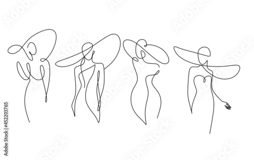 One Line Art Woman in dress Drawing.  Woman in hat Vector. Female Logo. Contouring Line. Minimalist Hat. Wedding salon
