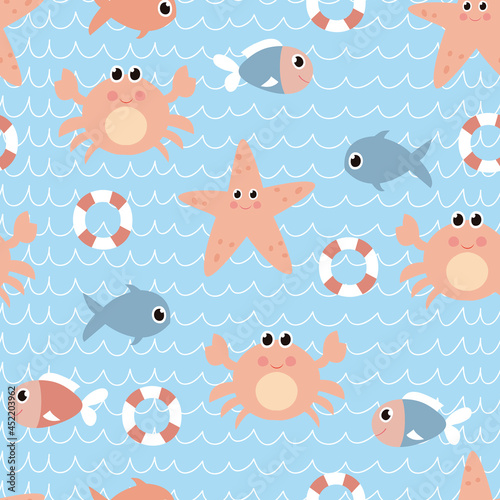Childish seamless pattern with cute crab, starfish and fishes.  It can be used for wallpapers, wrapping, cards, patterns for clothes and other.