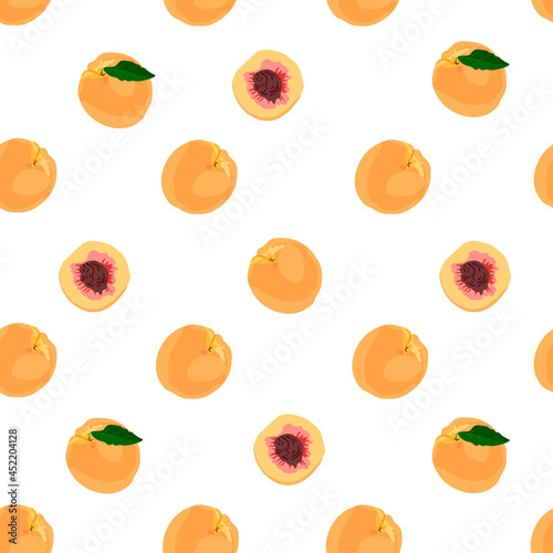 Fototapeta Naklejka Na Ścianę i Meble -  Ripe peaches seamless pattern vector stock illustration. Juicy apricot. Southern sweet fruit. The solar pattern.