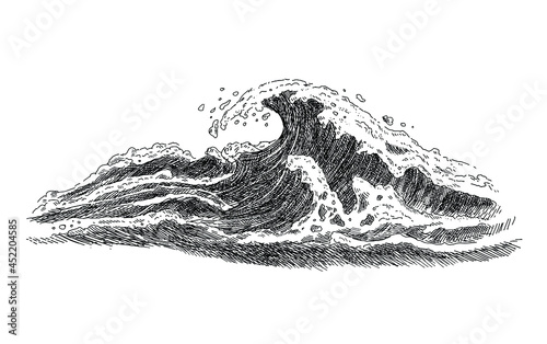 Sea wave sketch. Hand drawn ocean tidal storm waves isolated on white background for surfing and seascape. Close up of sea tide. Travel and vacations concept. Vector illustration in sketch style.
