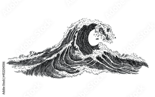 Sea wave sketch. Hand drawn ocean tidal storm waves isolated on white background for surfing and seascape. Close up of sea tide. Travel and vacations concept. Vector illustration in sketch style.