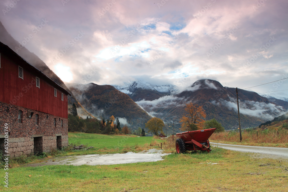 View of mountains and farm in Sogn Norway