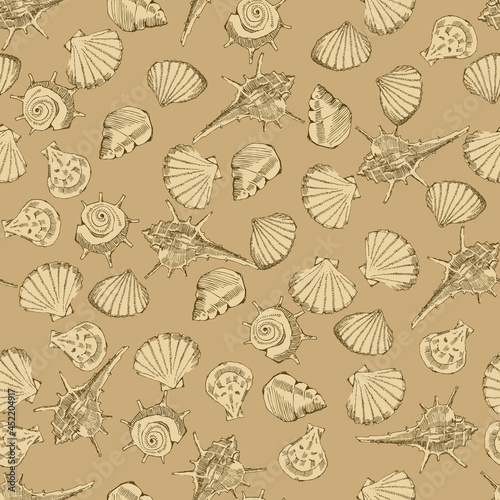 貝殻のシームレスなパターン。テキスタイル、壁紙、包装紙のデザイン。