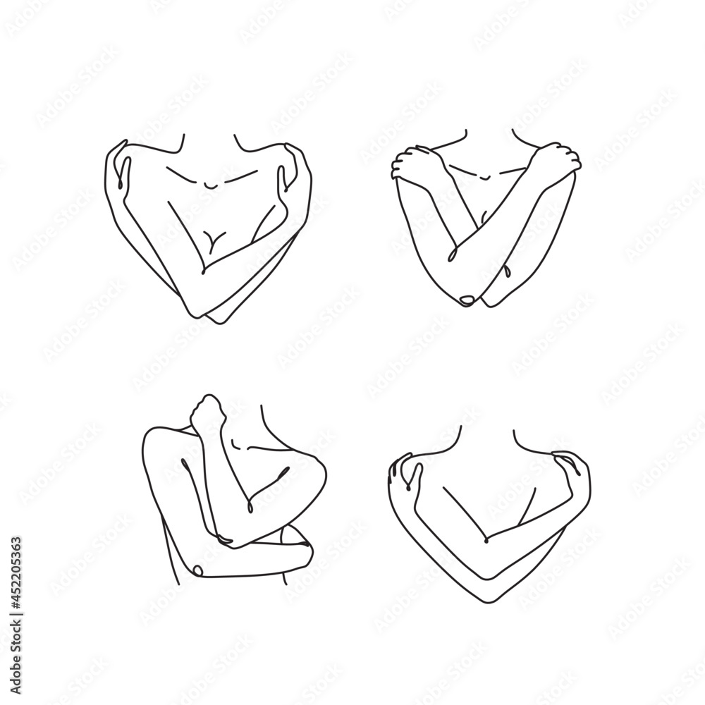 Woman hugging herself in continuous line drawing, Love your body concept, Isolated on the white background, vector illustration monochrome, Drawing by lines, Minimalist Style. Woman hugging herself in continuous line drawing, Love your body concept, Isolated on the white background, vector illustration monochrome, Drawing by lines, Minimalist Style.