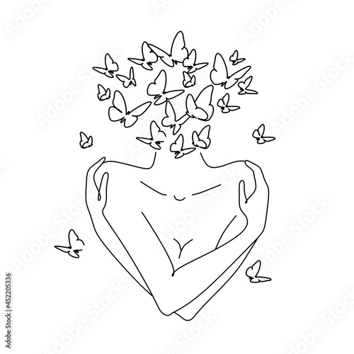 Woman hugging herself in continuous line drawing, Love your body concept, Isolated on the white background, vector illustration monochrome, Drawing by lines, Minimalist Style.