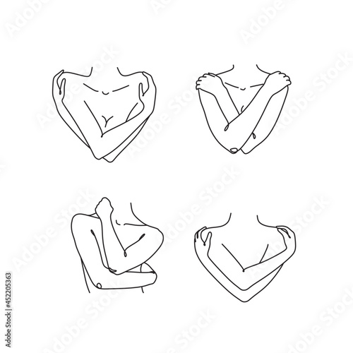 Woman hugging herself in continuous line drawing, Love your body concept, Isolated on the white background, vector illustration monochrome, Drawing by lines, Minimalist Style.