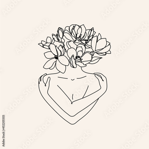 Woman hugging herself in continuous line drawing, Love your body concept, Isolated on the white background, vector illustration monochrome, Drawing by lines, Minimalist Style.