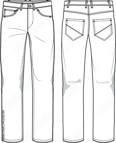 Women Denim Jeans Front and Back View fashion illustration vector, CAD, technical drawing, flat drawing.