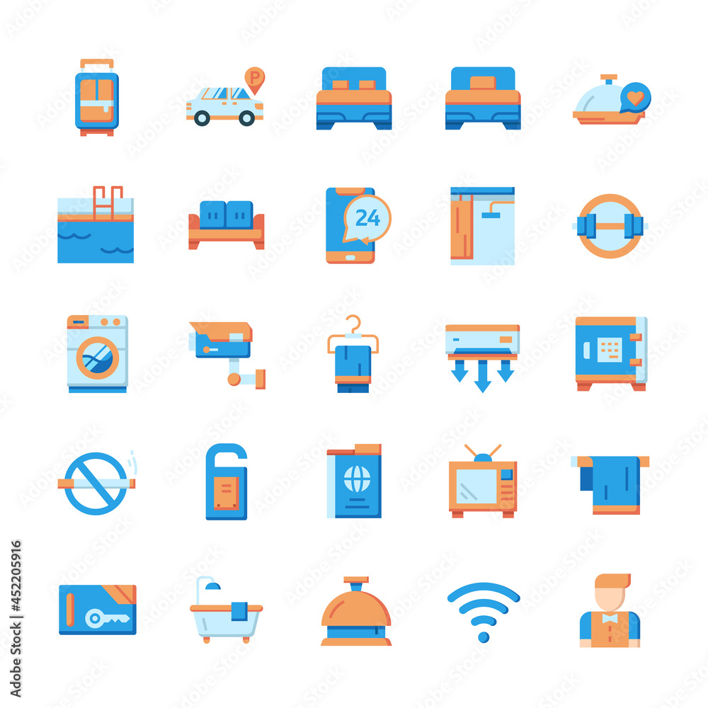 Set of Hotel icons with flat style. Set of Hotel icons with flat style.
