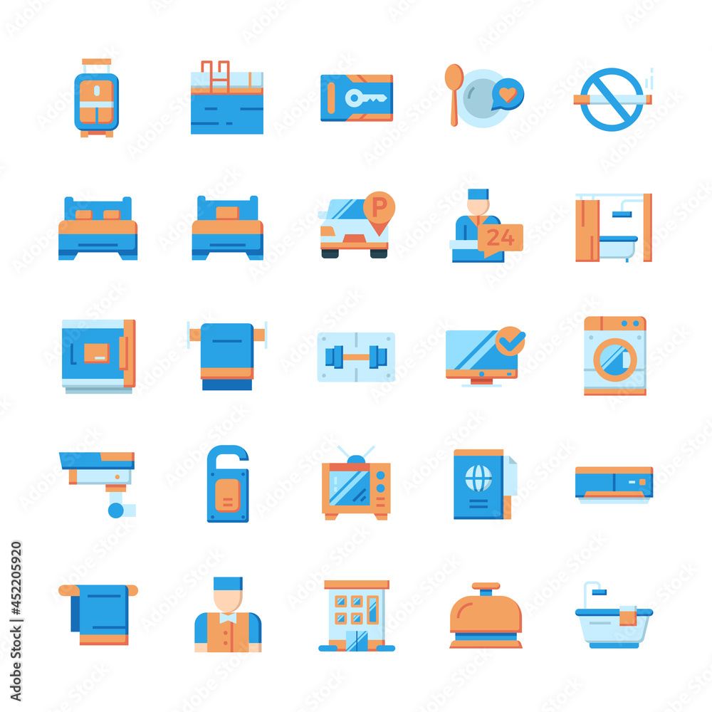 Set of Hotel icons with flat style. Set of Hotel icons with flat style.