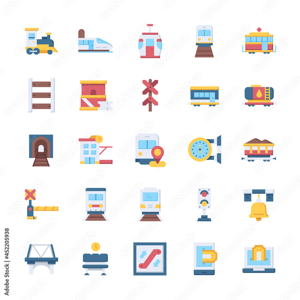 Set of Railway icons with flat style.