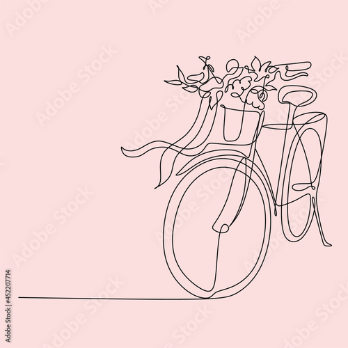 Bicycle with a basket of flowers black and white illustration for coloring
