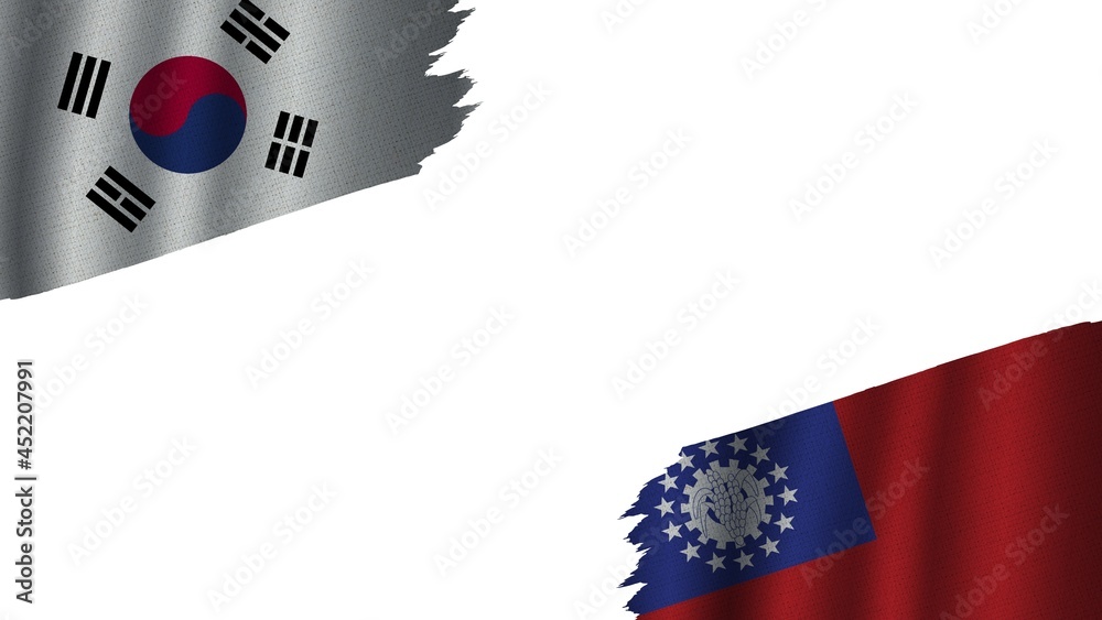 Myanmar Burma and South Korea Flags Together, Wavy Fabric Texture Effect, Obsolete Torn Weathered, Crisis Concept, 3D Illustration