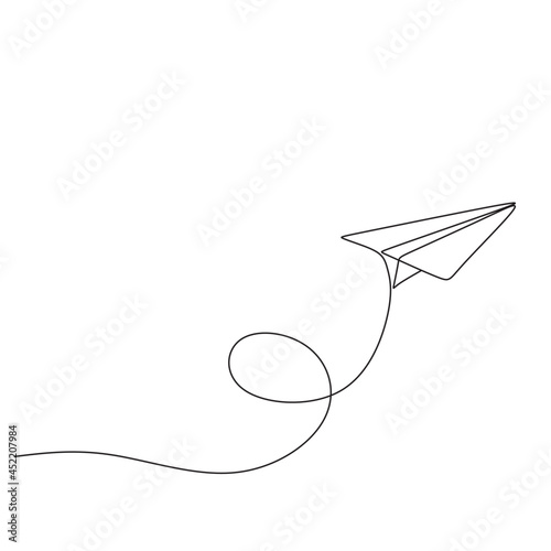 One line drawing of paper airplane. Concept of plane flying symbol of creativity and freedom.