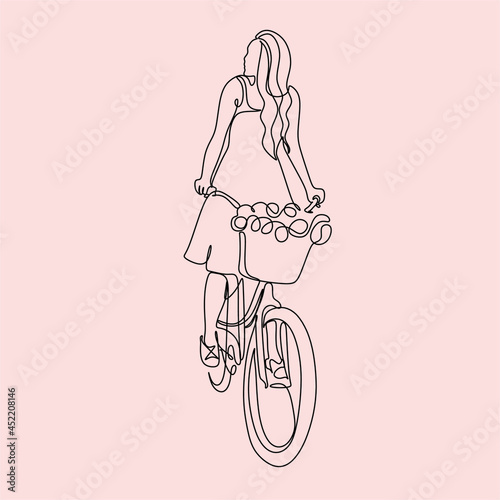 Continuous line, bicycle travel suitable for holiday. Drawing of set Exercise. 