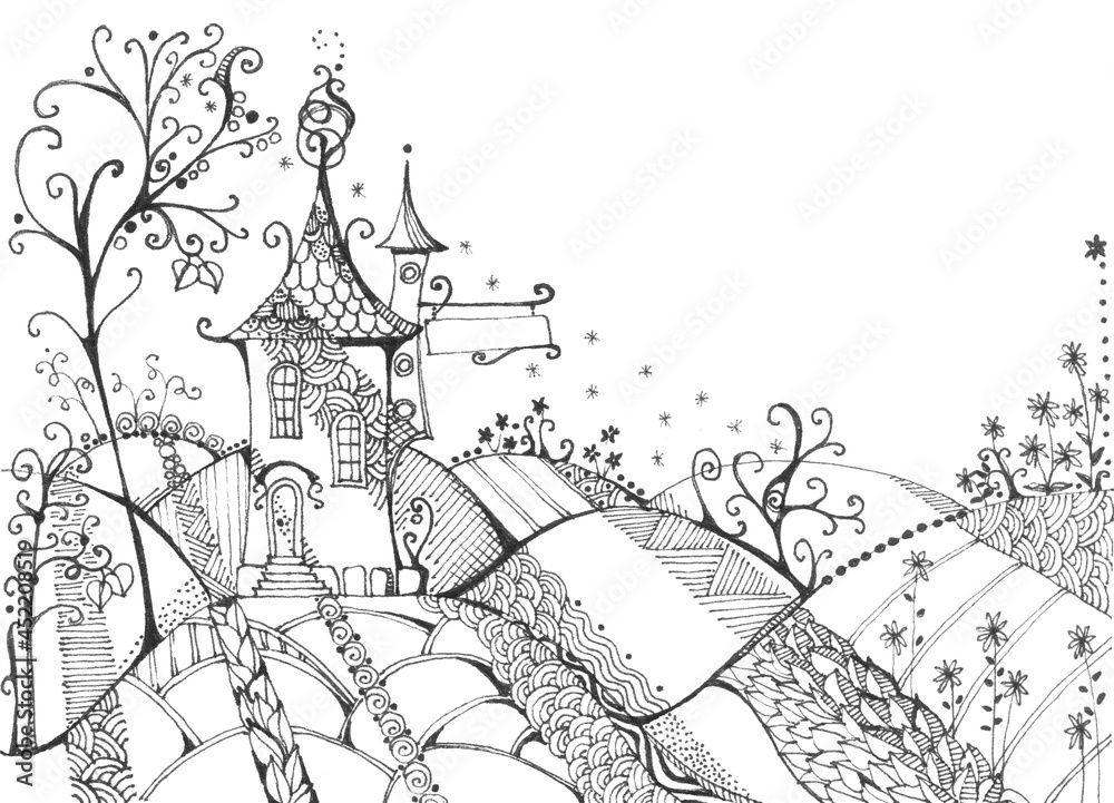 Obraz premium Fairytale landscape with house and trees on the hills. Black and white illustration.