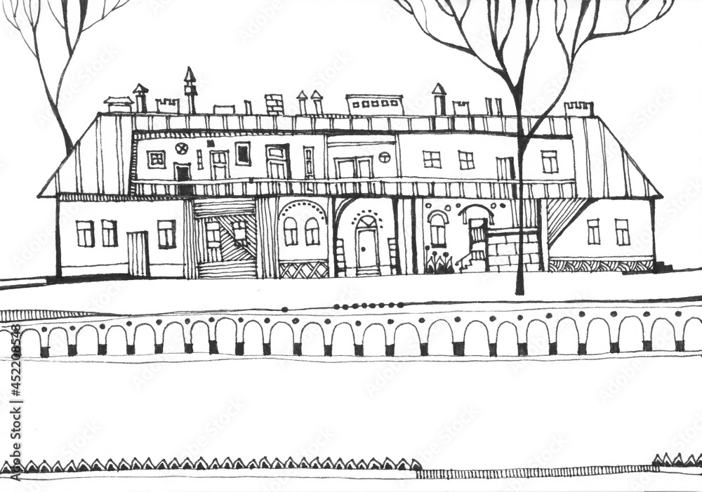 Long house with different windows and doors. Black and white drawing.
