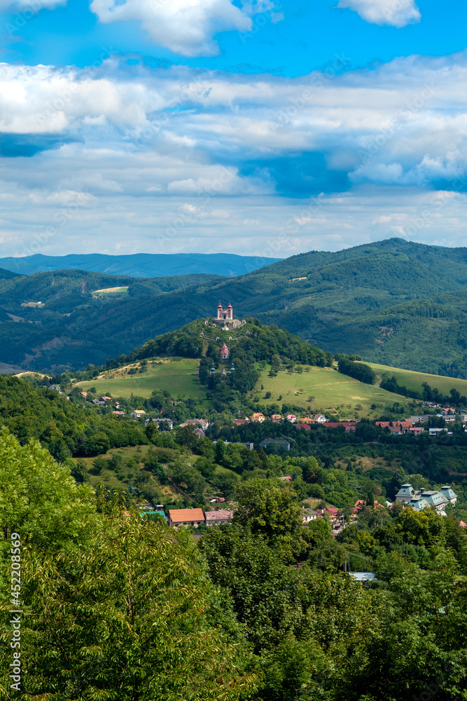 Banska Stiavnica town in central Europe, Slovakia, UNESCO heritage town, up view from hill