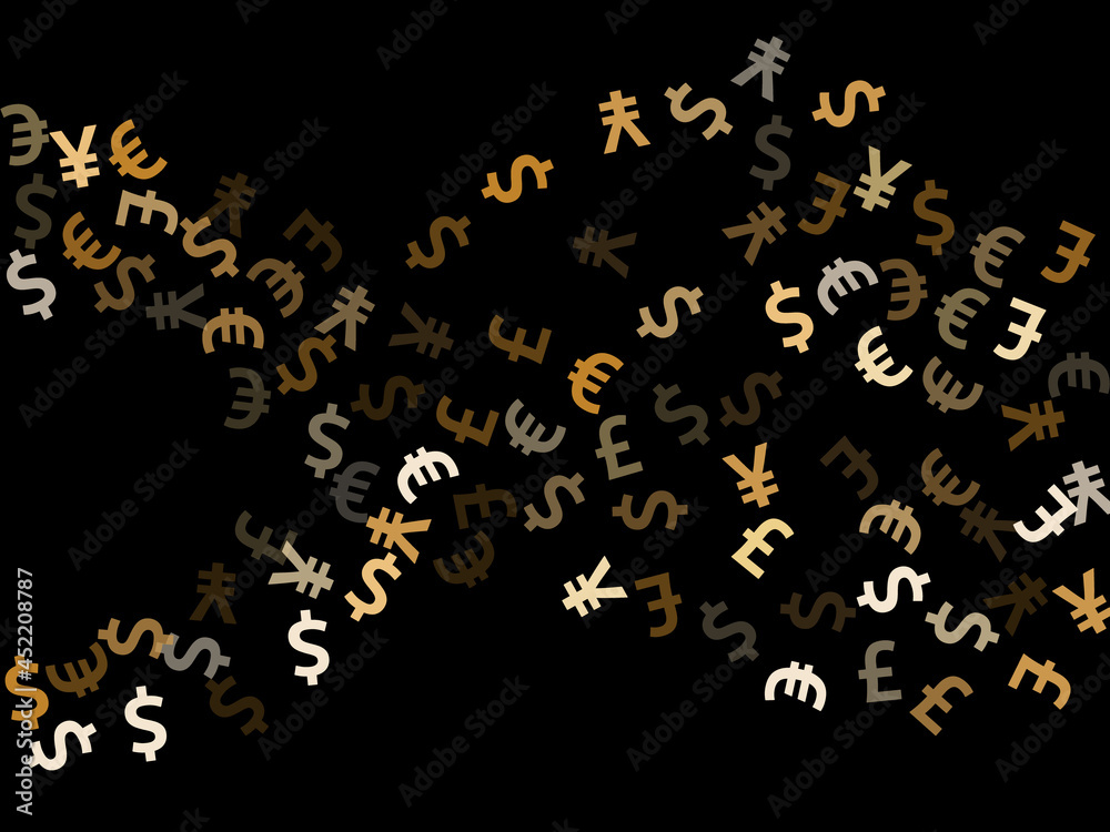 Euro dollar pound yen metallic icons scatter currency vector design. Investment backdrop. Currency