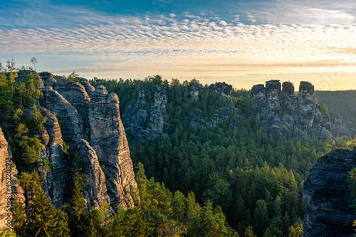 Photos Amazing sunrise over the karst mountains of Saxon Switzerland Germany