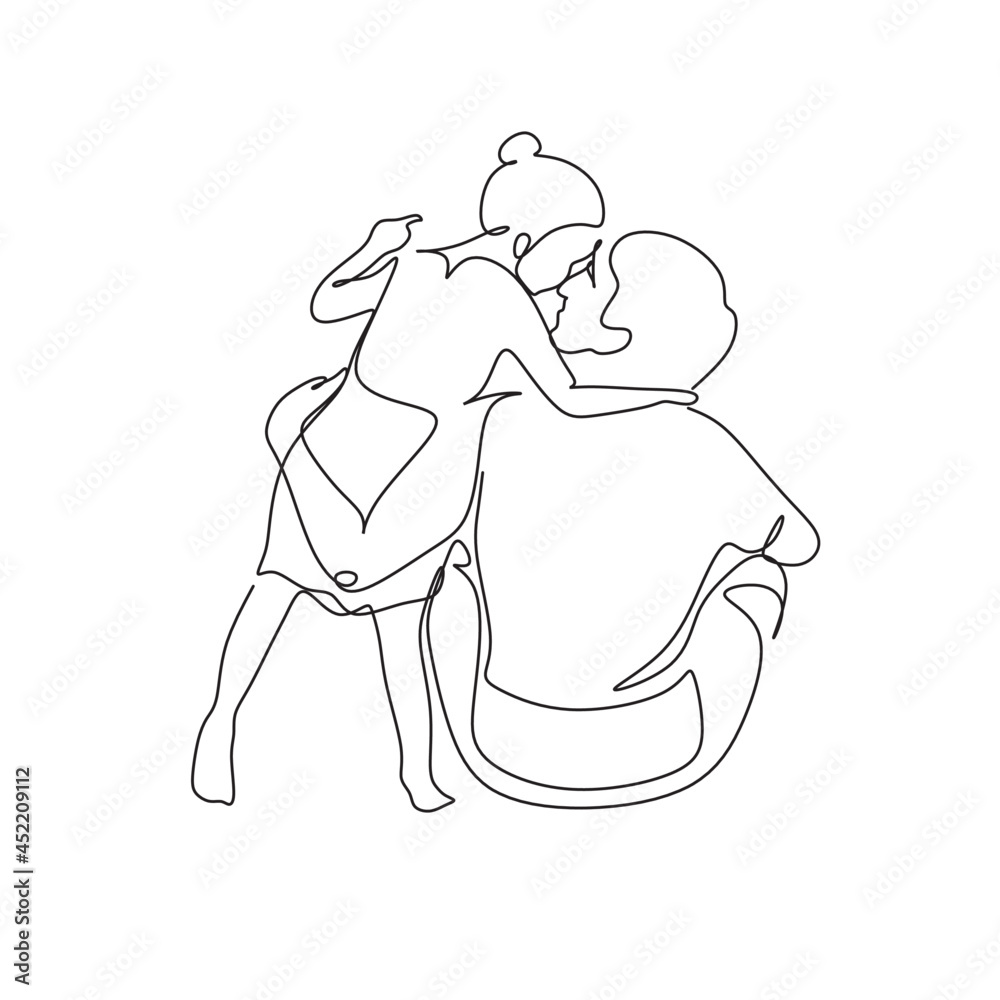 One line drawing. Father holds his happy son . Vector illustration One line drawing. Father holds his happy son . Vector illustration