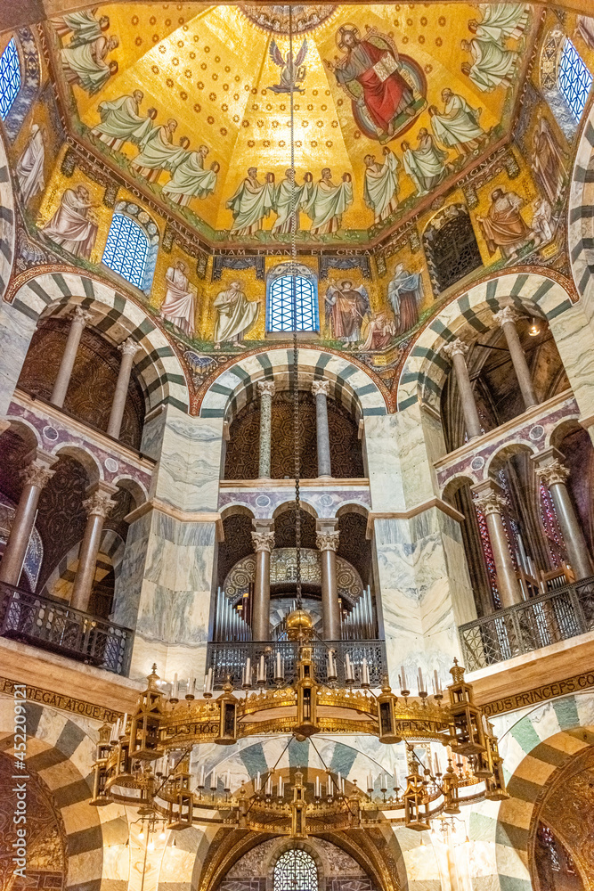 AACHEN, GERMANY, 23 JULY 2020 The beutiful golden interior of the Palatine Chapel