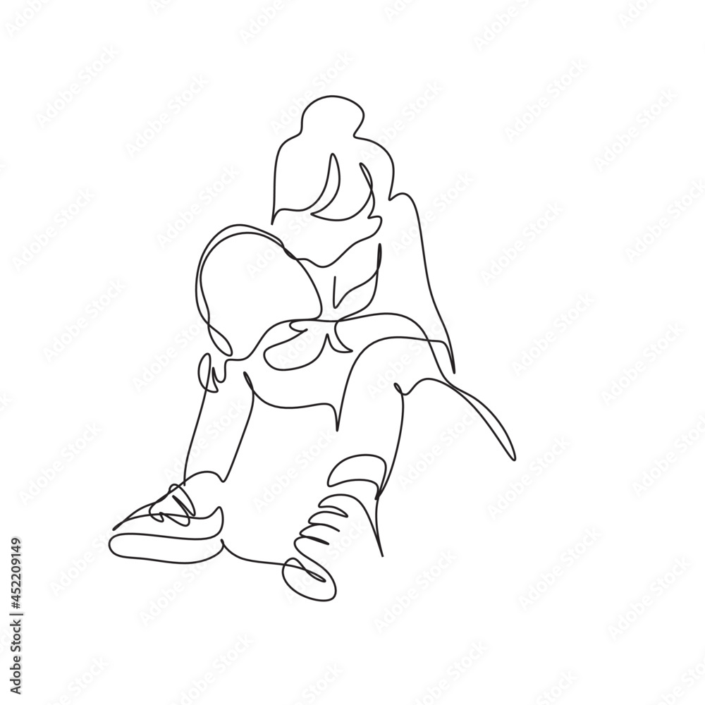 One line drawing. Father holds his happy son . Vector illustration One line drawing. Father holds his happy son . Vector illustration