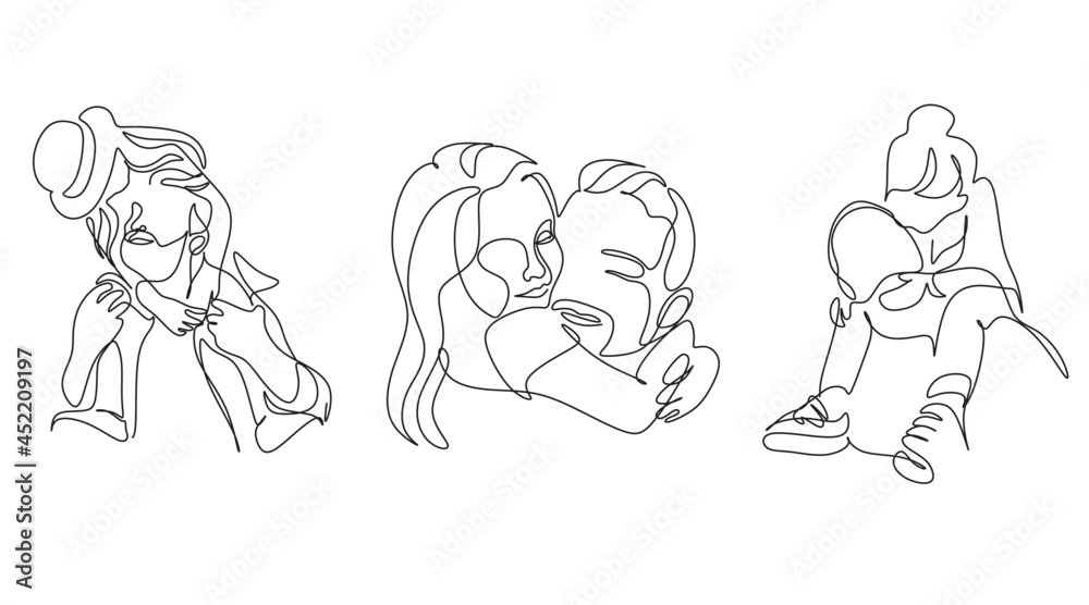 One line drawing. Father holds his happy son . Vector illustration One line drawing. Father holds his happy son . Vector illustration