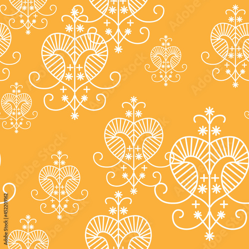 Geometrical seamless pattern with white voodoo symbol of goddess Erzulie on a yellow background.