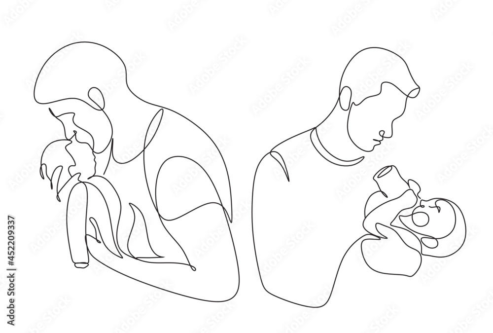 Obraz premium One line drawing. Father holds his happy son . Vector illustration