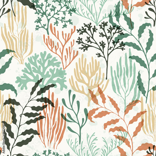 Coral reef seamless pattern., Ocean depth undersea bottom coral reef flourish.