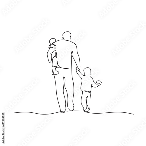 One line drawing. Father holds his happy son . Vector illustration