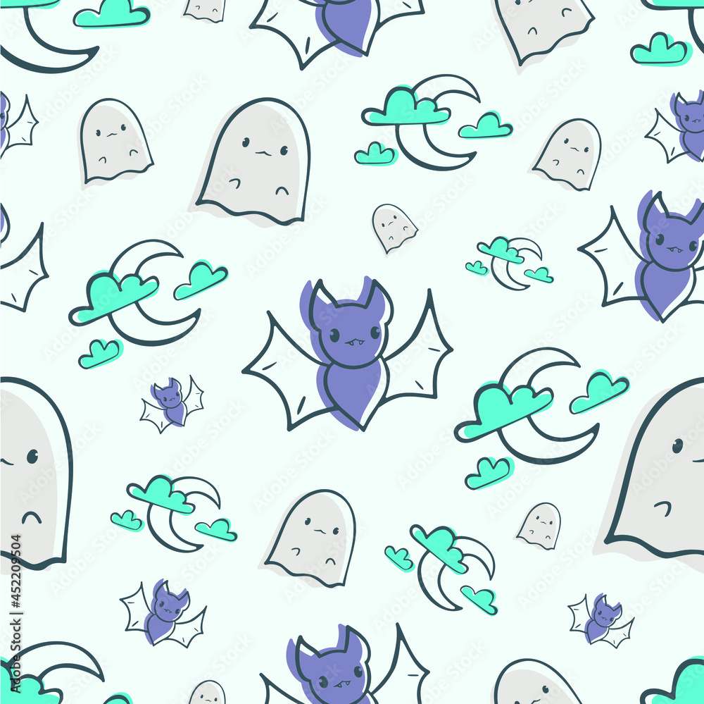 Vector seamless pattern of bats, ghosts and crescent moon on a blue background Vector seamless pattern of bats, ghosts and crescent moon on a blue background