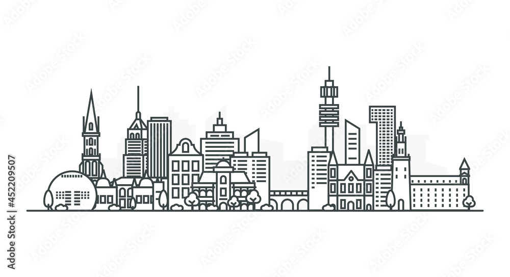 City of Stockholm, Sweden architecture line skyline illustration. Linear vector cityscape with famous landmarks, city sights, design icons, with editable strokes isolated on white background.