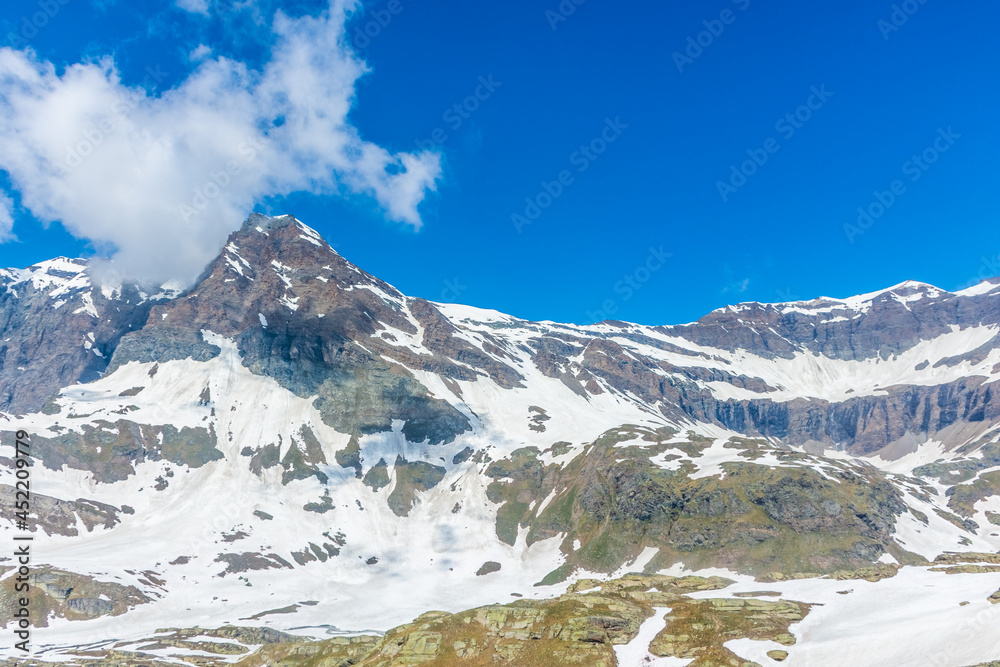 Alpine landscape of the snowy mountains at the border between Italy and France