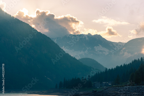 Sunset over the Ceresole Lake in the Italian Alps