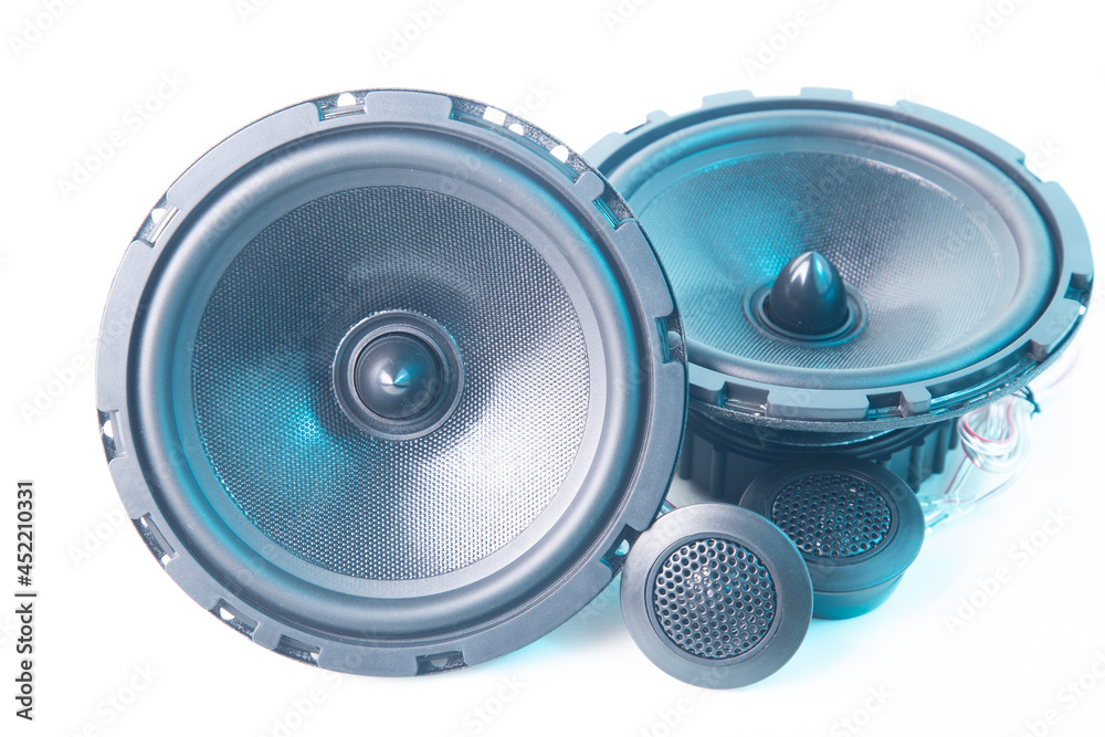 Car audio systems. Component audio system for a car on a white background. Car audio systems. Component audio system for a car on a white background.