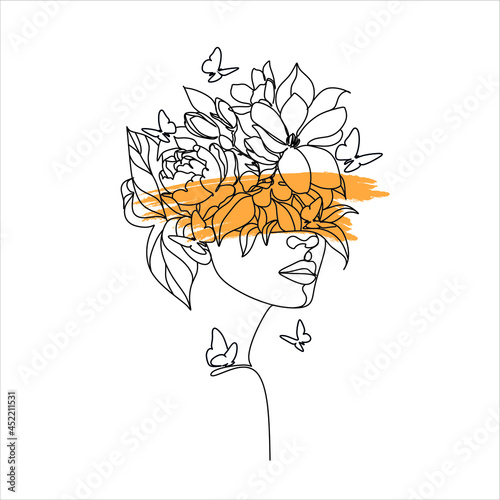 Woman face with flowers and butterflies. Surreal Line art female floral girl. Abstract face with plants by  line drawing. Portrait minimalistic style. Nature symbol of cosmetics. Botanical print. 
 photo