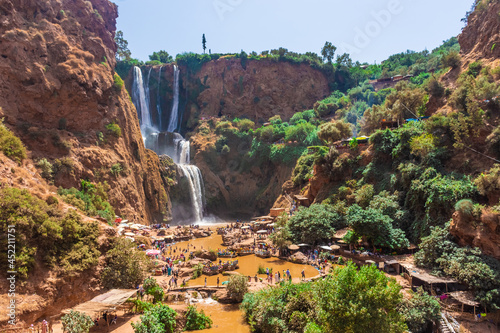 OUZOUD, MOROCCO, 5 SEPTEMBER 2018: People having fun around the Ouzoud Waterfalls, the highest in North Africa