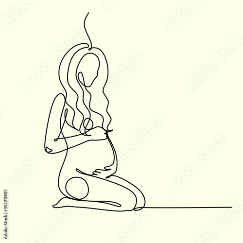 Pregnant woman one line drawing on white isolated background. Vector illustration	